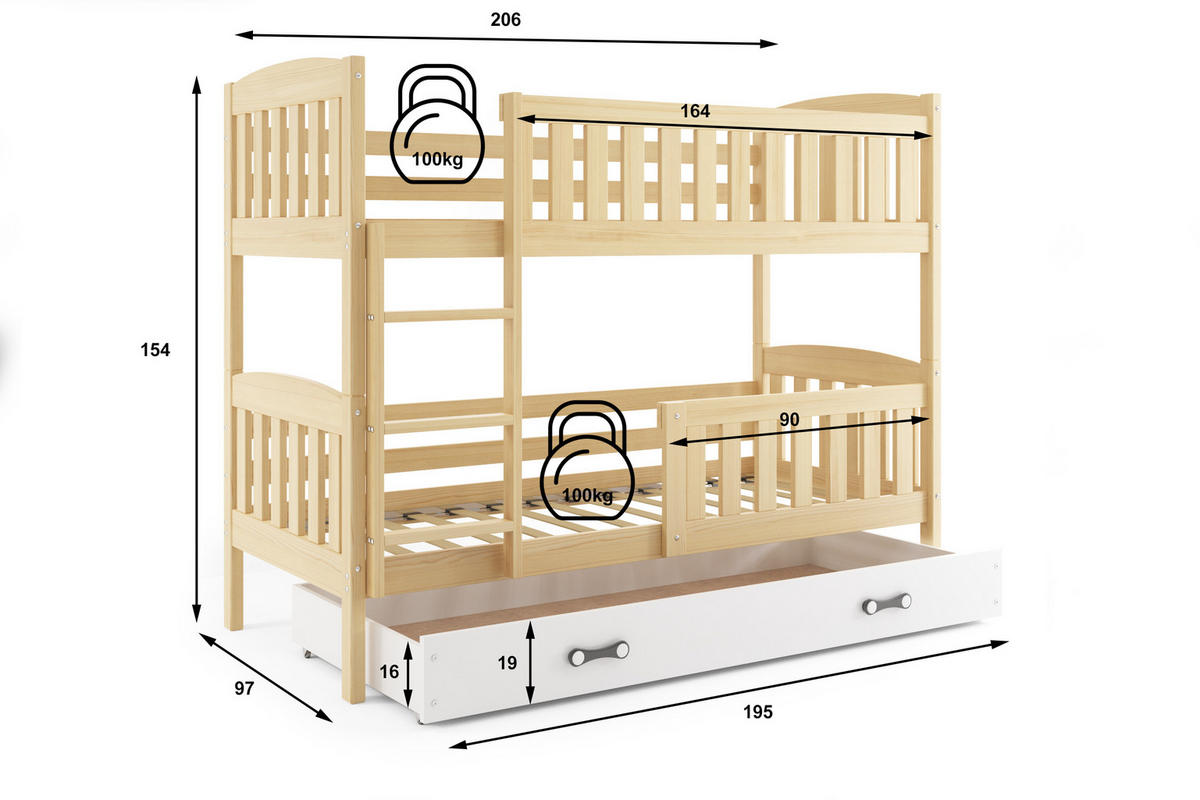 ETAGENBETT JAKOB mit Lattenrost - Weiß/Kieferfarben, Holz (90/200cm) - Interbeds