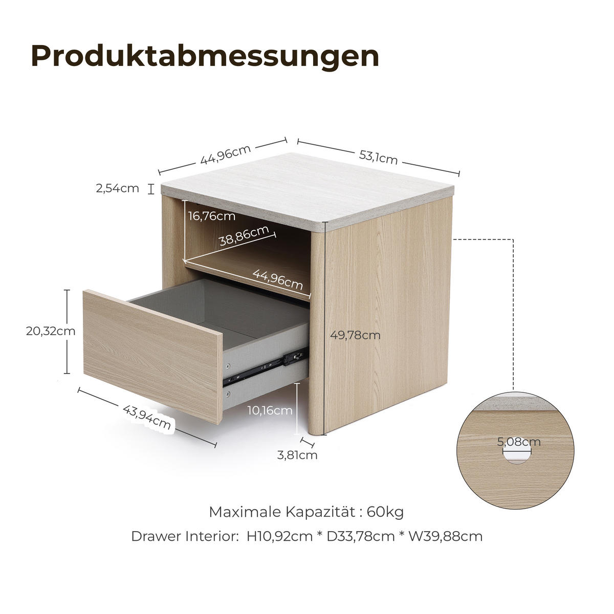MODERNER Nachttisch mit Schnee-Eichenoptik, Schubladen & Kunst-Travertin-Platte | B53 x T45 x H50 cm - Braun, Holzwerkstoff (53/50/45cm) - Hometopia
