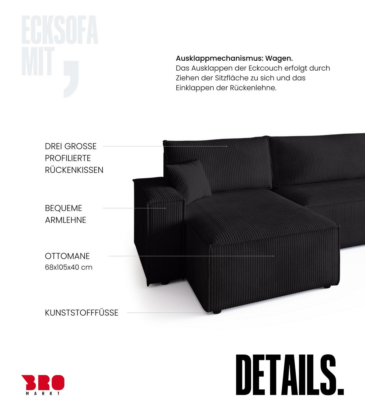 WOHNLANDSCHAFT ADI U mit Schlaffunktion Cordstoff Schwarz - Schwarz, Textil (312/85/143cm) - Bromarkt