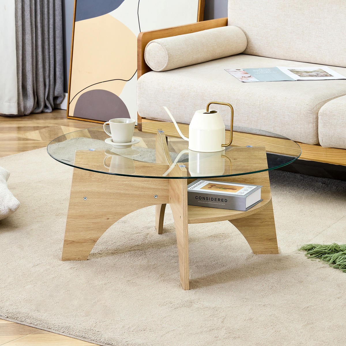 COUCHTISCH 80/80/36 cm transparent naturholzfarben aus Holzwerkstoff und Sicherheitsglas mit fächerförmigem Gestell - Naturfarben, Holzwerkstoff (80/80/36cm) - OKWISH