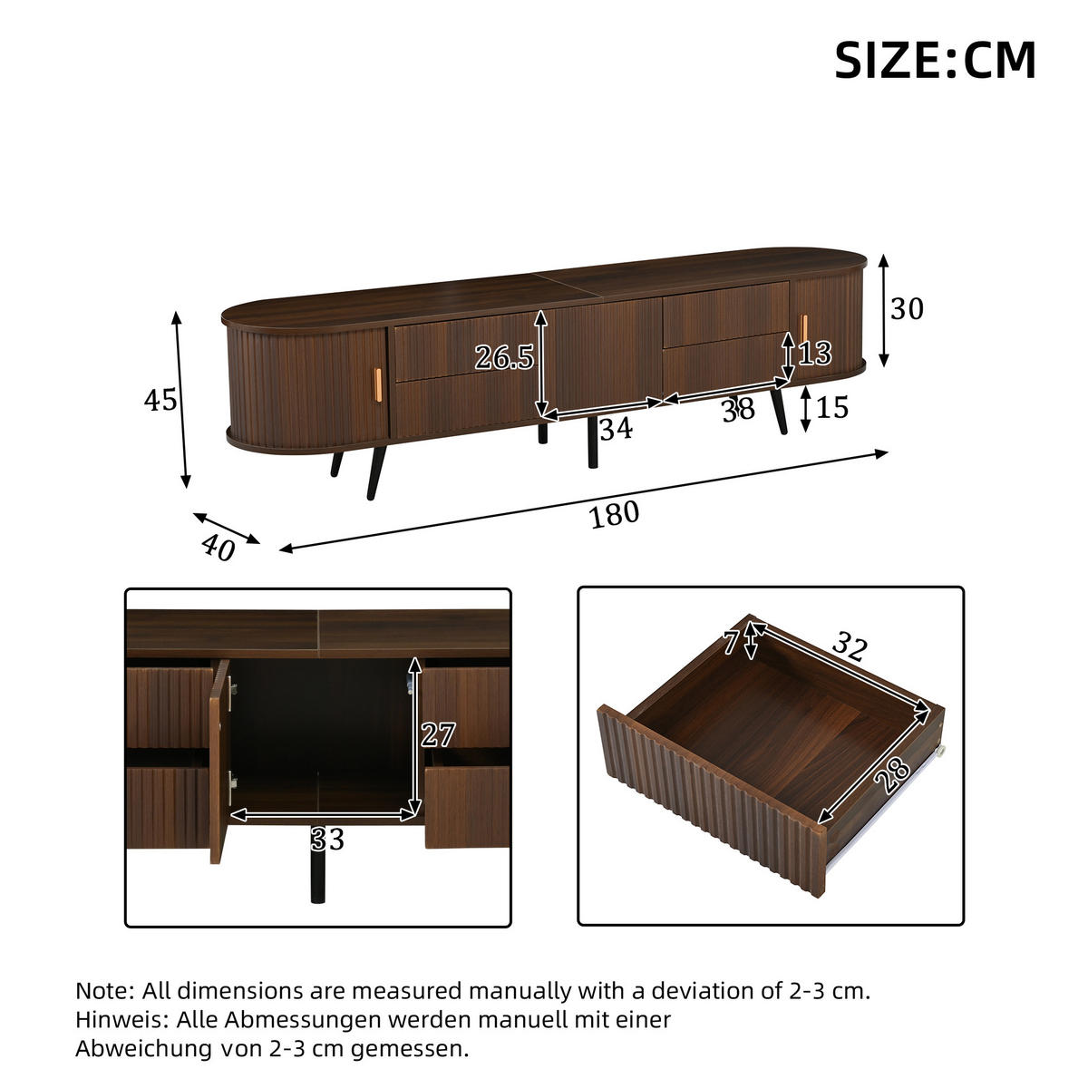 TV-SCHRANK Oval Lowboard Nussbaum 180cm 4 Schubladen Modern - Walnussfarben, Holzwerkstoff (180/45/40cm) - FLIEKS