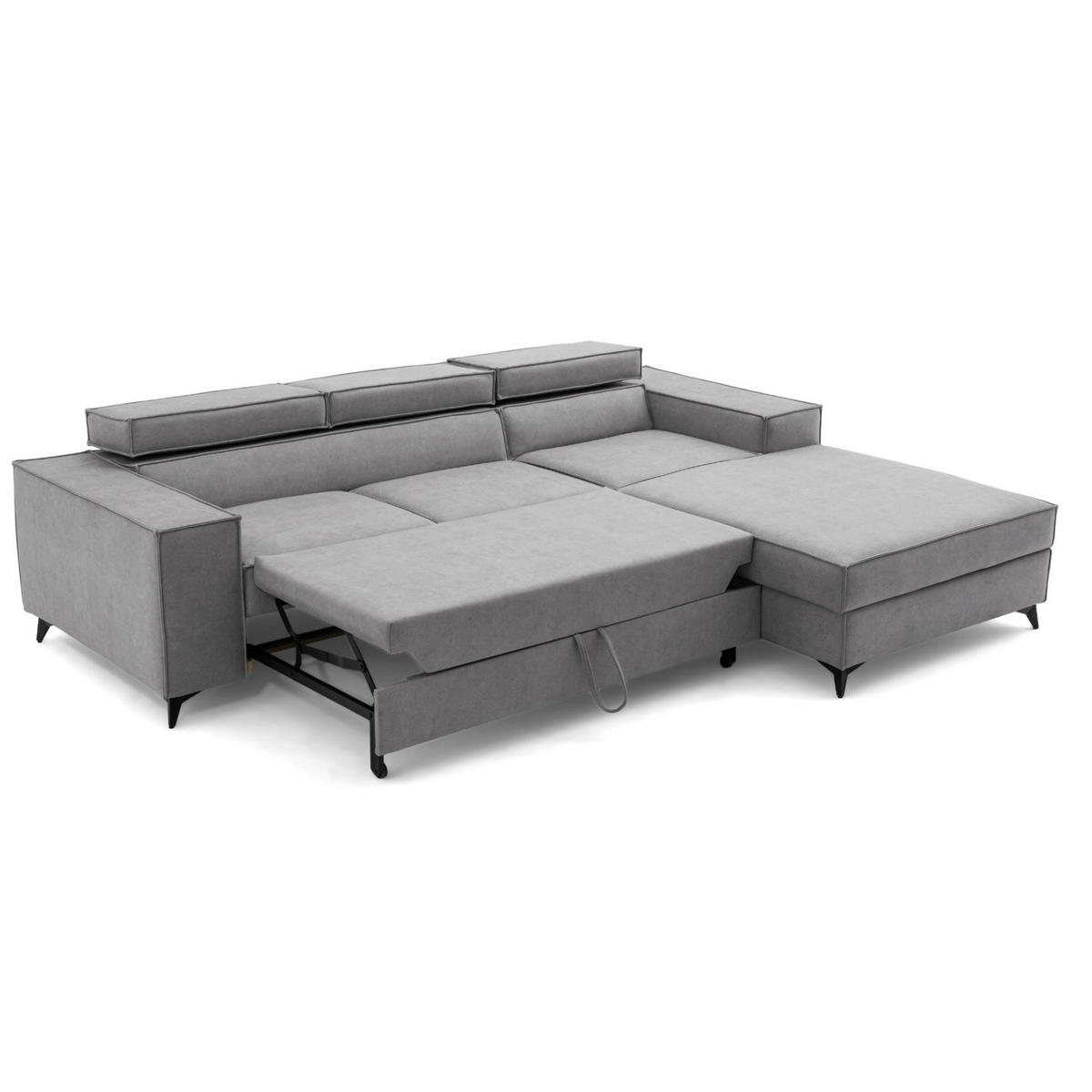 ECKSOFA PURE S Rechts mit Schlaffunktion 127x215 Velours Hellgrau - Hellgrau/Schwarz, Holz/Textil (204/281cm) - Muffo