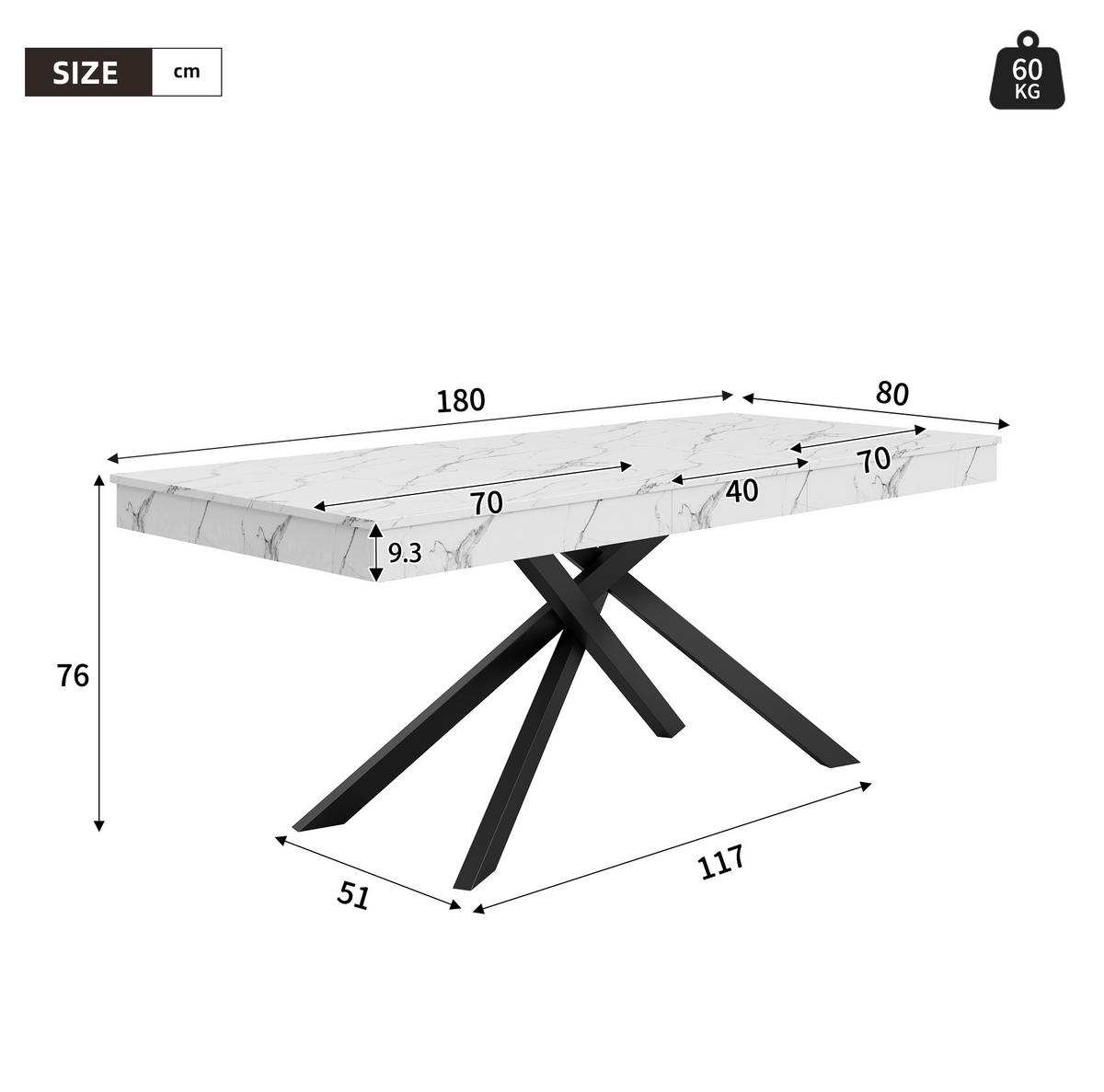 JEDILNA miza 140/180/80 cm z raztegljivo ploščo, 93 mm debelo ploščo in stabilnimi križnimi nogami, Bela - bela, leseni material (180/80/76cm) - Redom