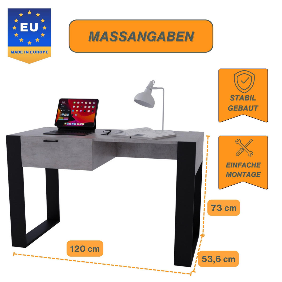 SCHREIBTISCH Grau 120/73/53,6 cm - Schwarz/Grau, Holzwerkstoff (53.6/120/73cm) - CraftPAK