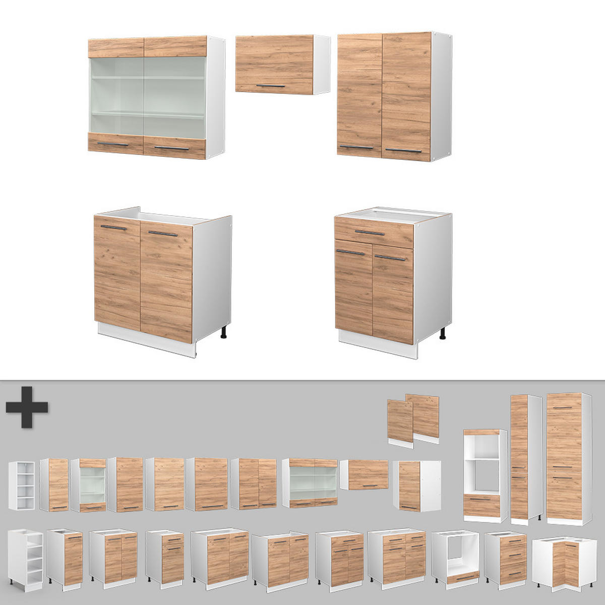 KÜCHENZEILE Fame-Line Goldkraft Eiche/Weiß 200 cm ohne AP - Honigeiche/Eiche Wotan, Holzwerkstoff (200/81.6/46cm) - Vicco