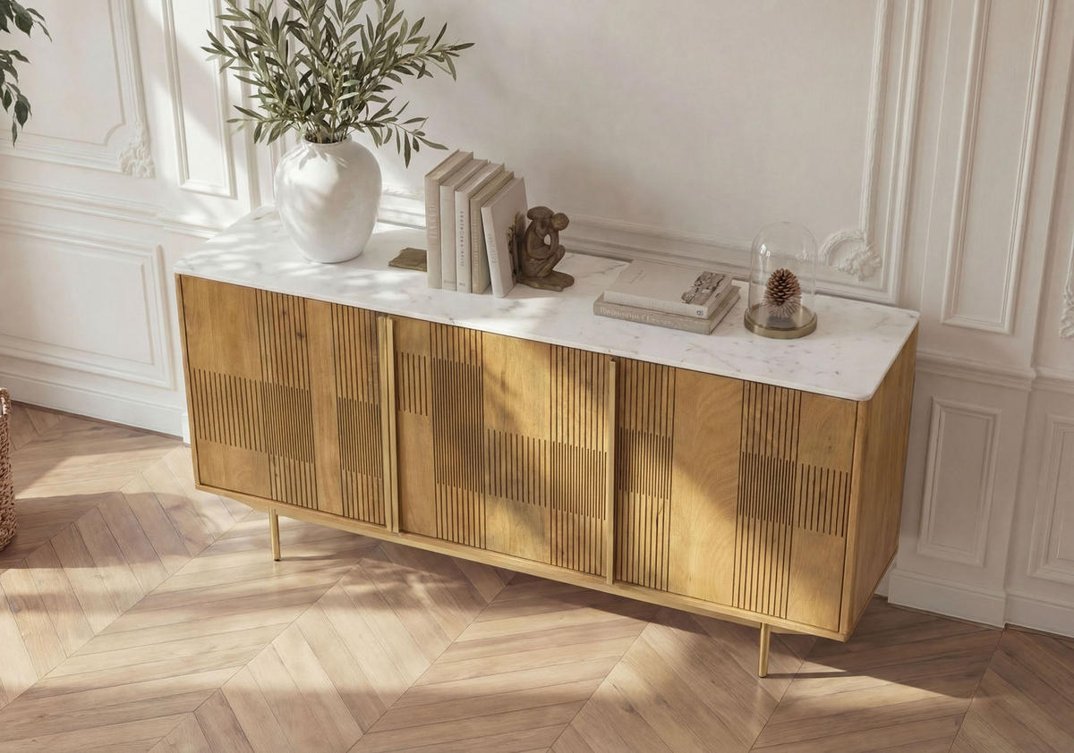 SIDEBOARD Mango 180x40x80 hellbraun geölt / Marmor weiß MIAMI #100 - Braun, Holz (180/80/40cm) - Massivmoebel24
