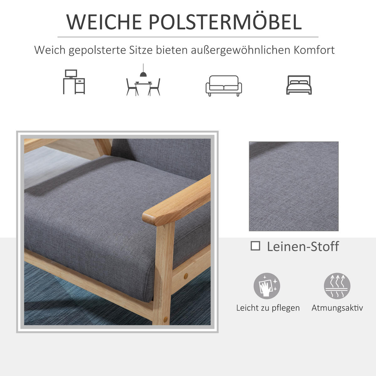 OHRENSESSEL Loungesessel mit Armlehnen Esszimmerstuhl Relaxsessel in Leinenoptik - Grau, Textil (70/72/64cm) - HOMCOM