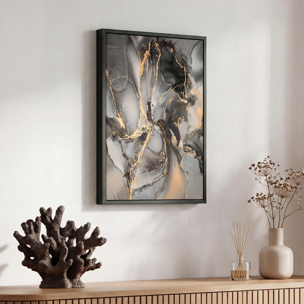 LEINWAND Bilder mit Rahmen - Grau - Luxus - Gold - Marmor - 30x40 - Dunkelgrau, Textil (30/40cm) - MuchoWow