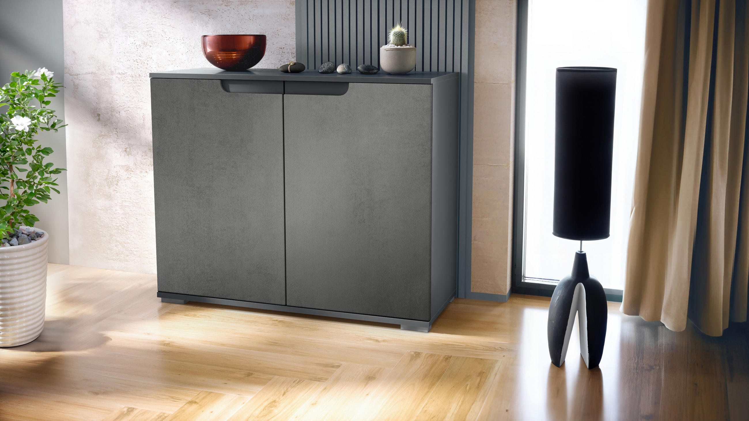 KOMMODE Sylt Beton Dunkel Optik - Dunkelgrau, Holzwerkstoff (92.5/75.5/35cm) - Vladon