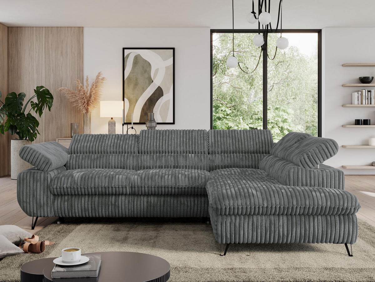 ECKSOFA PEDRO L Dunkelgrau Cord - Rechts Seite - Dunkelgrau/Schwarz, Textil/Metall (273/208cm) - MKS
