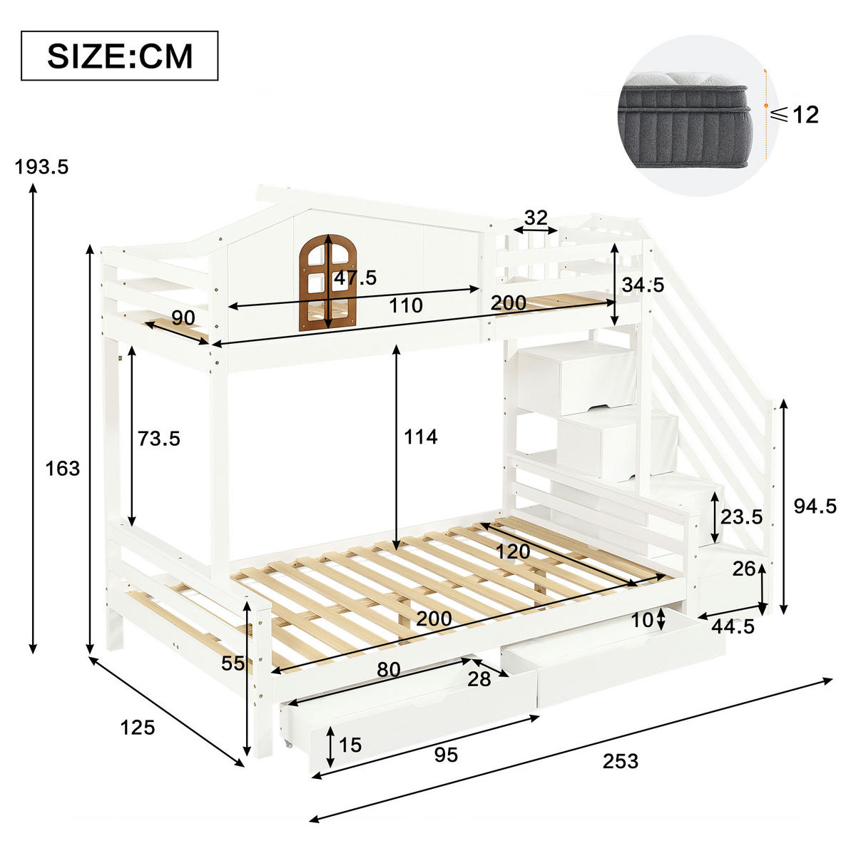 ETAGENBETT 90x200cm & 120x200cm, Zwei Schubladen mit Rollen, Weiß+Natur - Weiß, Holz (120/200cm) - KOMHTOM