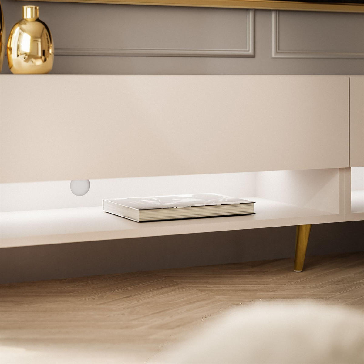 LOWBOARD TV-Schrank CALANTE 180 cm auf schrägen goldenen Chrom-Beinen - Weiß Hochglanz/Goldfarben, Holzwerkstoff/Metall (180/43/35cm) - Lookway