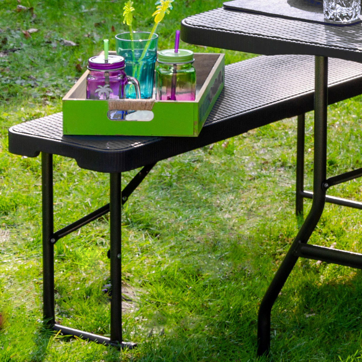 GARTENTISCH für 8 Personen 180/74/74 cm mit 2 Bänken - Schwarz, Kunststoff - Amanka