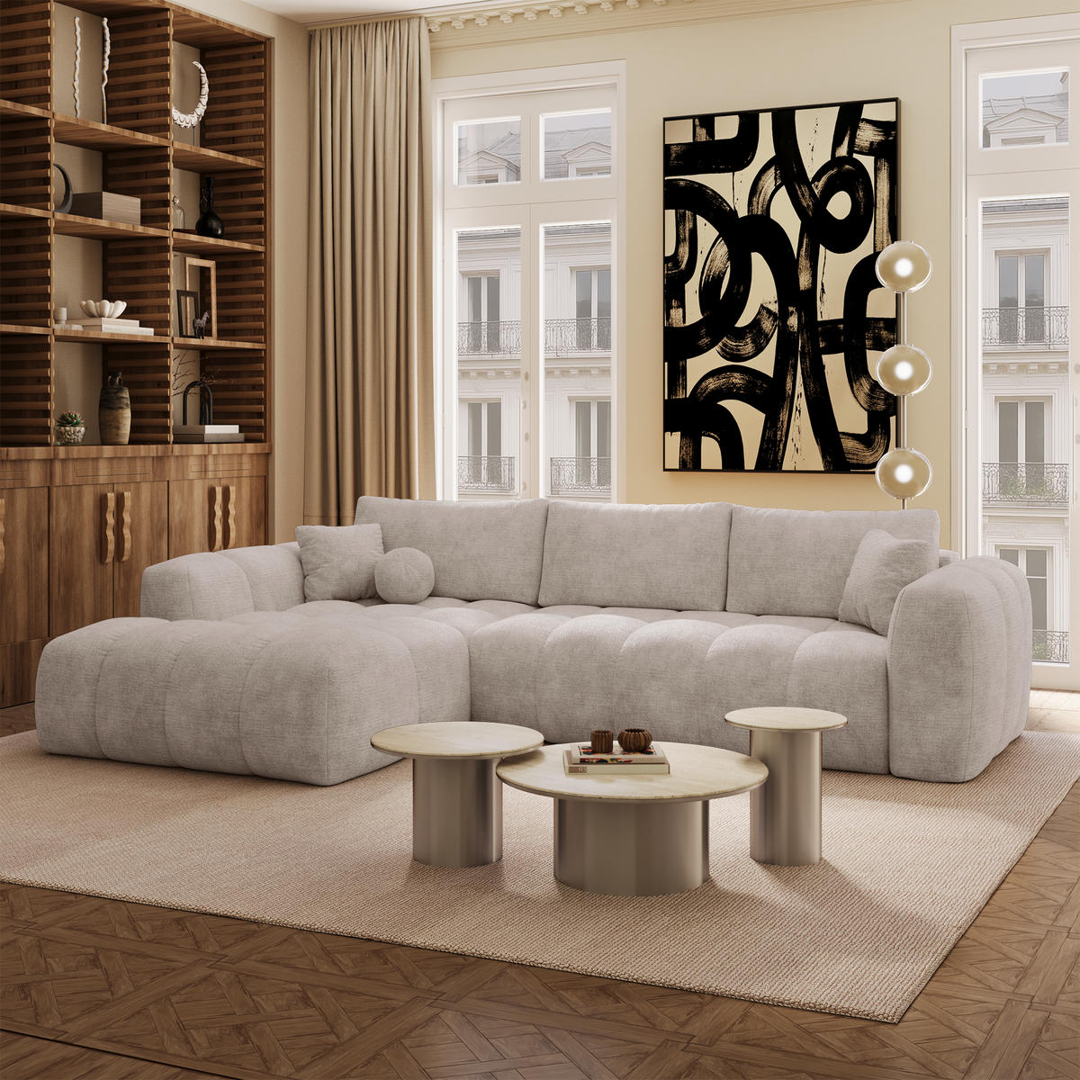 LINKSECK-SCHLAFSOFA mit Stauraum SKY Geprägter Samt Taupe 310cm - Taupe, Textil (310/180cm) - Premium Interiors