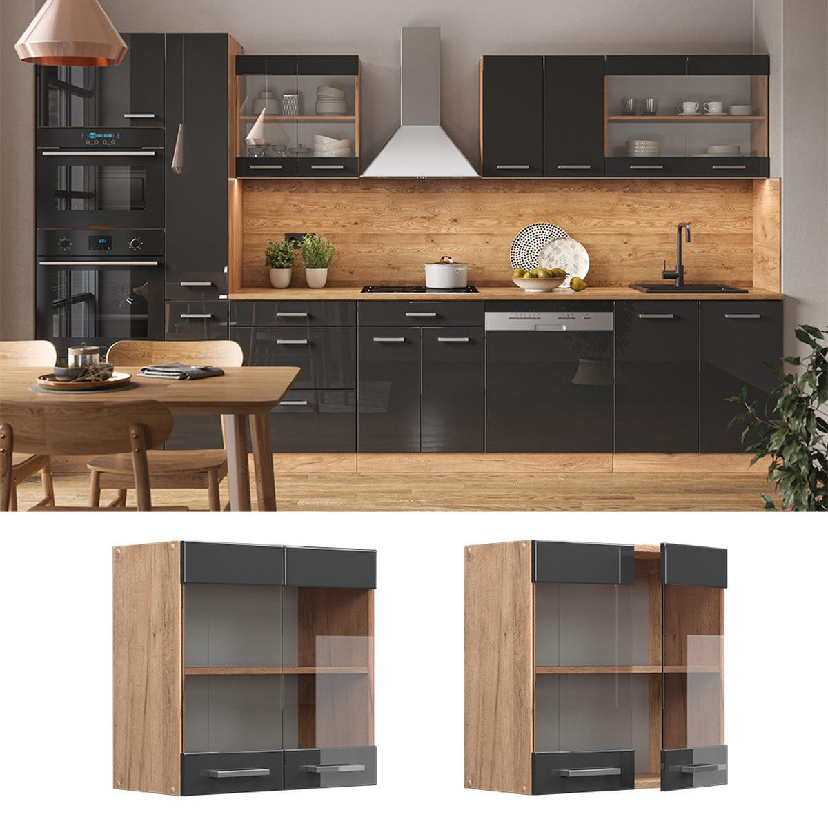 STEKLENA KUHINJSKA OMARICA R-Line Antracit z visokim sijajem 60 cm - črna/medeni hrast, leseni material (60/60/31cm) - Vicco