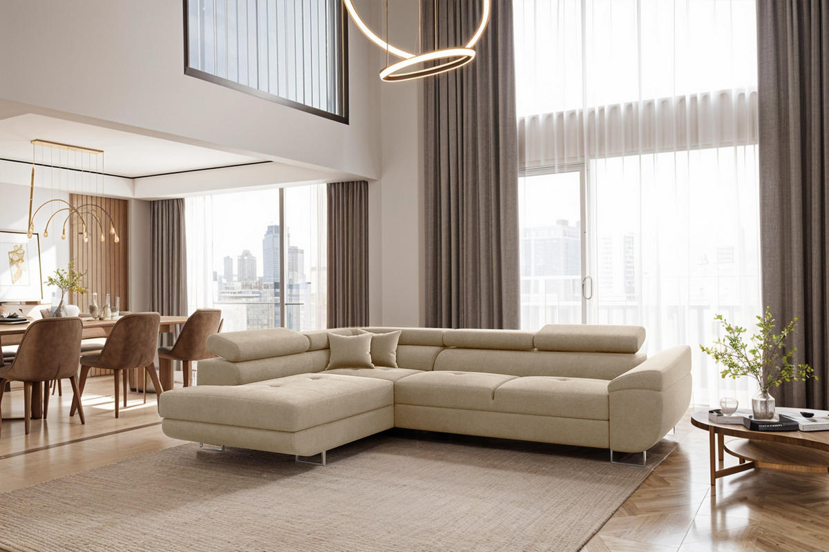 ECKSOFA FALIO L-Form Mit Schlaffunktion Im Modernen Stil Für Das Wohn Und Schlafzimmer Hellbeige Links - Creme, Holz/Textil (202/275cm) - Kaiser Möbel