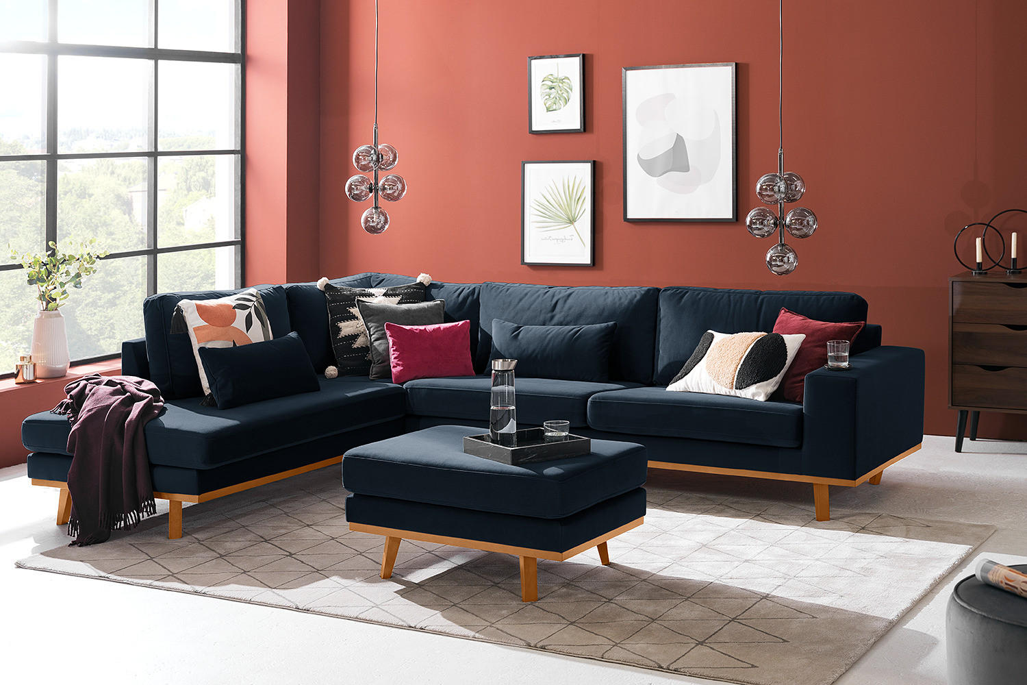 ECKSOFA mit Ottomane - Dunkelgrau/Buchefarben, Textil (287/219cm) - home24