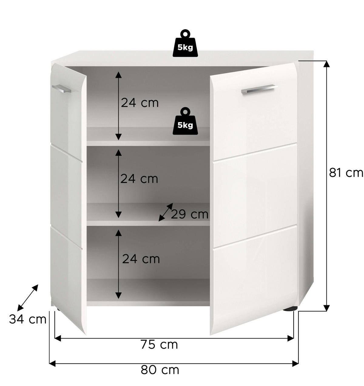 KOMMODE weiß Hochglanz 80 x 81 cm, Sideboard 2-türig - Weiß Hochglanz/Silberfarben, Holzwerkstoff/Kunststoff (80/81/34cm) - Inn.Furn