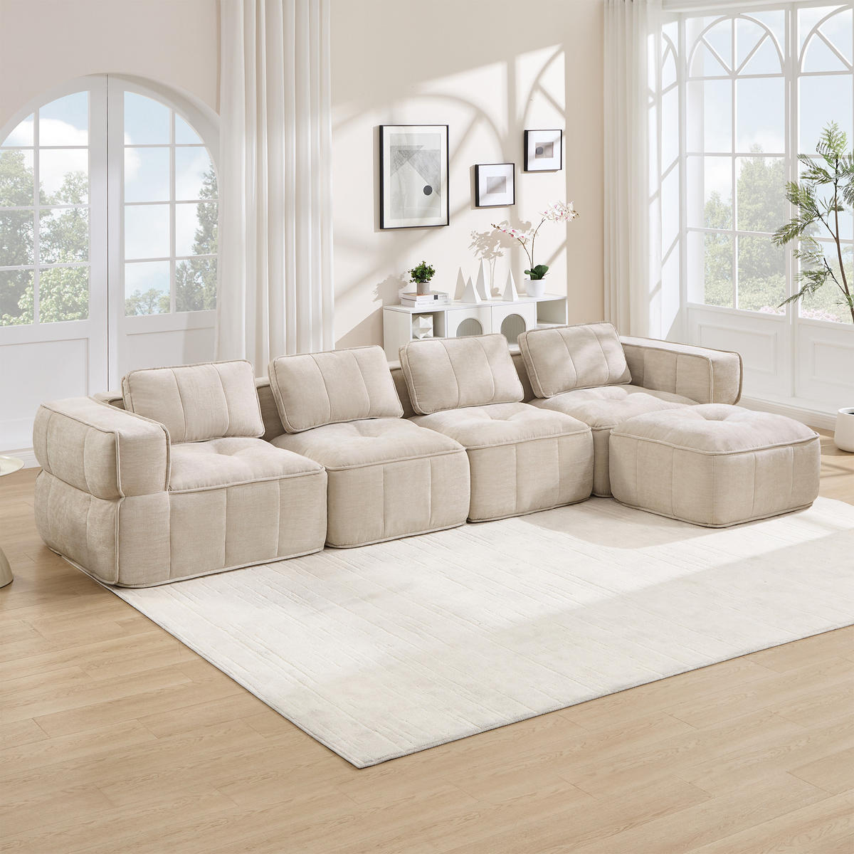 ECKSOFA DE-34428 4-Sitzer L-Form mit Hocker Beige - Beige, Textil (162/344cm) - ComfortXL
