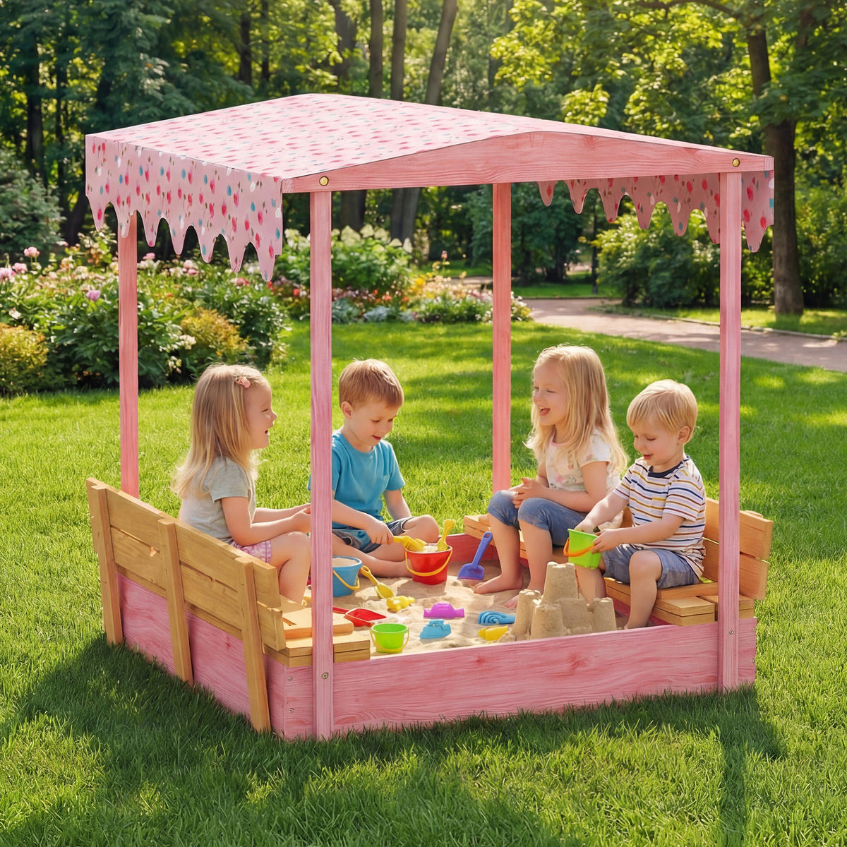 SANDKASTEN DE-18761 mit Klappbänken & Flamingo-Sonnensegel - Pink, Holzwerkstoff (134.5/127.5/130cm) - ComfortXL