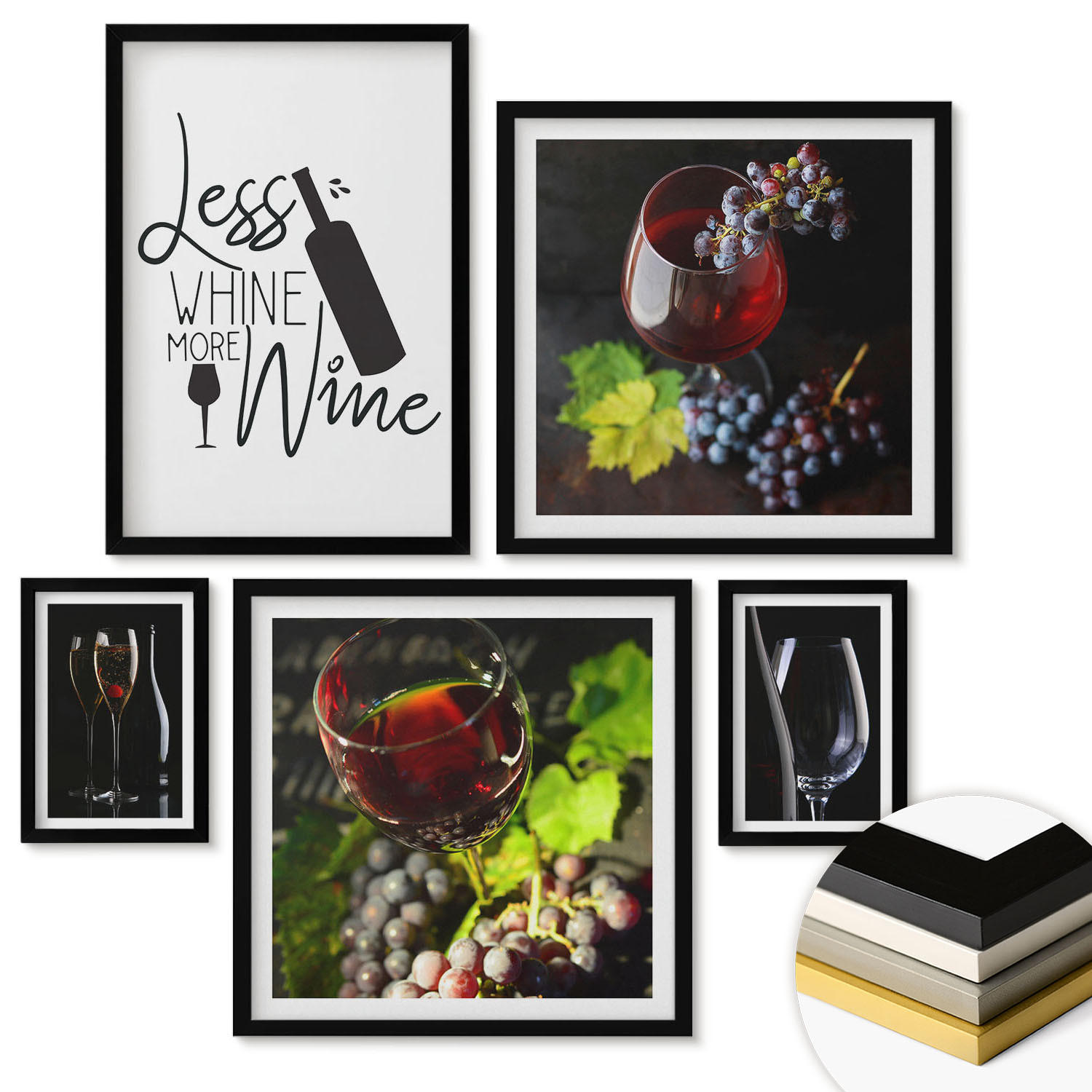 WANDBILDER 5er-Set - 50x50 cm & 20x30 cm & 40x60 cm Schwarzer Rahmen - Weingläser mit Trauben und Inschrift - Schwarz, Kunststoff (40/60cm) - ArtPrintCave