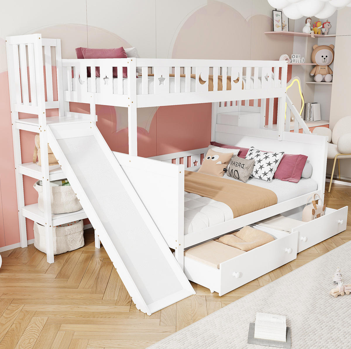 ETAGENBETT 90/200 cm und 140/200 cm Weiß mit Rutsche und Regal mit Sicherheitsstufen - Weiß, Holz (90/140cm) - OKWISH