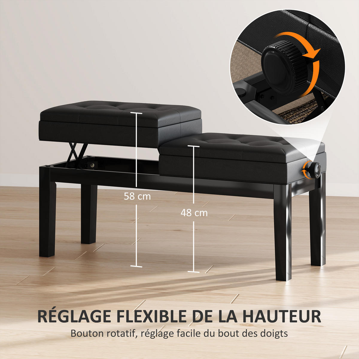 HOCKER DE-16413 2er-Set höhenverstellbar mit Stauraum Schwarz - Schwarz, Metall (37/58/105cm) - ComfortXL