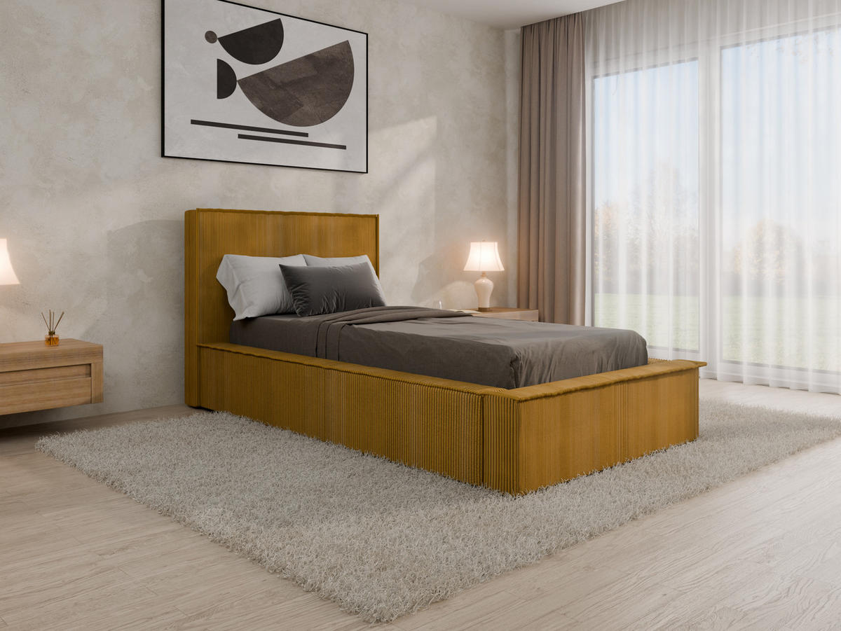 POLSTERBETT SANA 90x200cm Elegantes Polsterbett für modernen Wohnstil , Taschenfederkernmatratze mit kokos KORNOS (20cm), Currygelb - Currygelb, Holz (90/200cm) - Panda Möbel