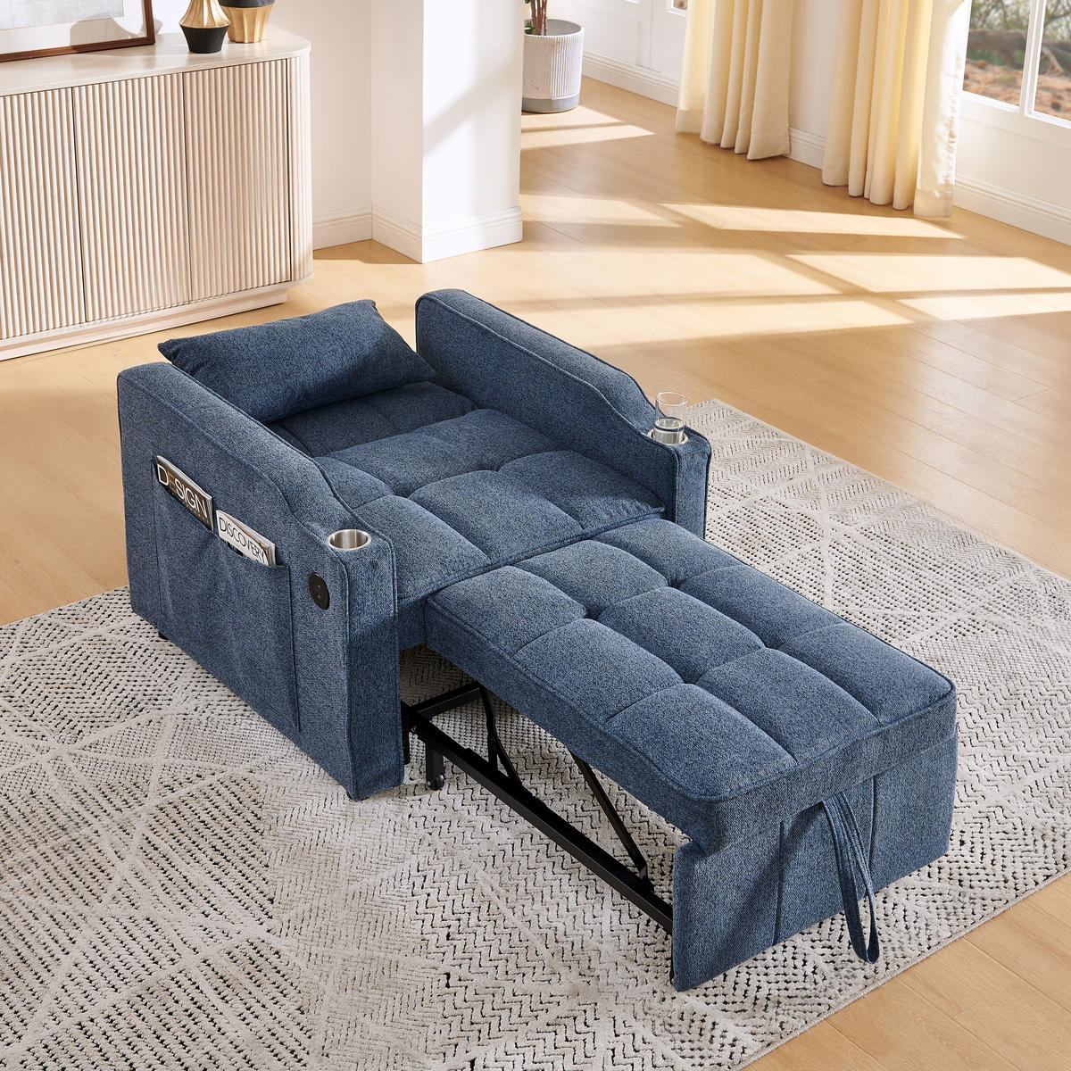 RELAXSESSEL 190/85/86 cm Marineblau mit USB-/Typ-C-Anschluss und Seitentasche - Dunkelblau, Textil (190/86/85cm) - Oxeza