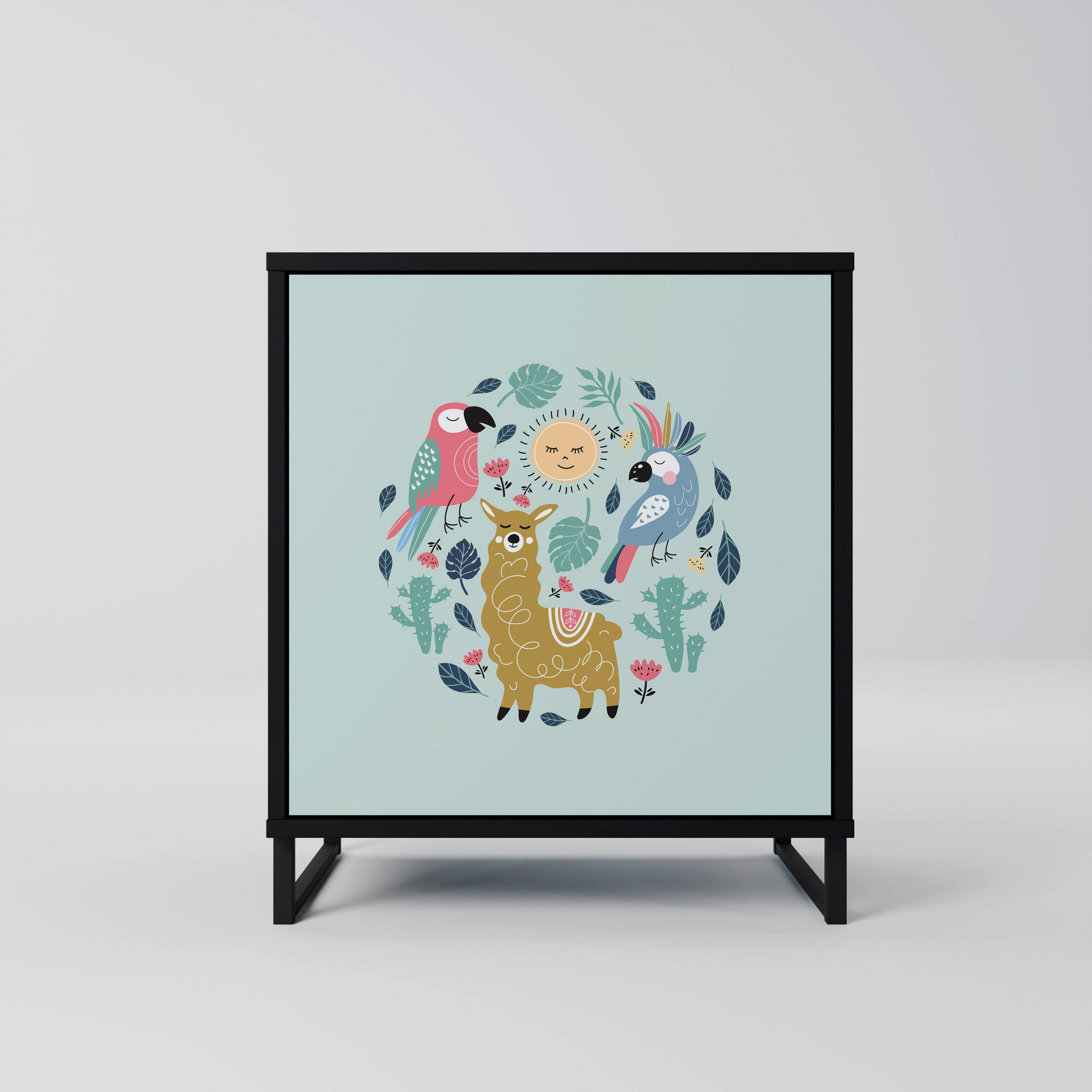SIDEBOARD COLORFUL ALPACAS, Schwarz, 57,5x42x67,5 cm, Schwarze Metall-Rahmenfüße - Multicolor/Schwarz, Holzwerkstoff/Metall (57.5/67.5/42cm) - SpaceRebels
