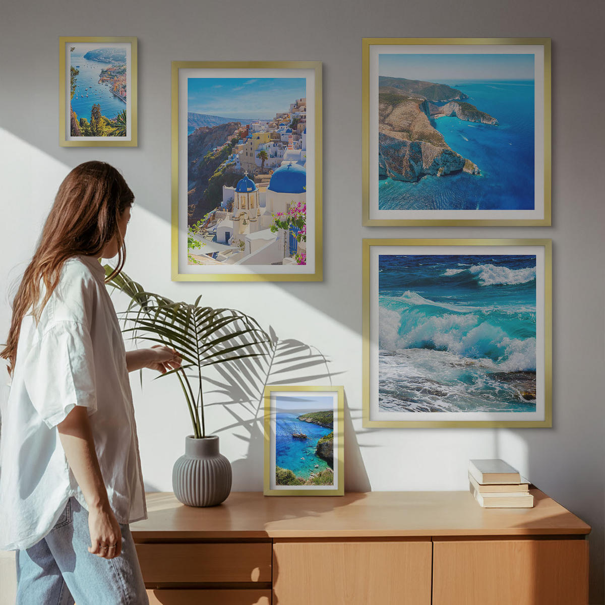 WANDBILDER 5er Set - 50x50 cm & 20x30 cm & 40x60 cm Goldrahmen - Griechische Ansichten von Santorin Oia - Goldfarben, Kunststoff (40/60cm) - ArtPrintCave