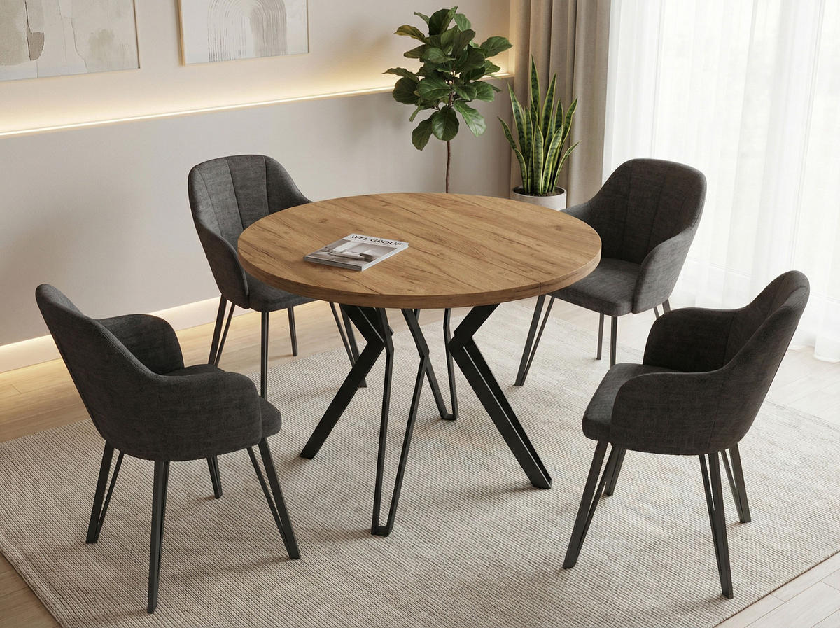 ESSTISCH Revena runder ausziehbarer, Craft Eiche 100-180/100/76 cm - Eiche Wotan/Schwarz, Holzwerkstoff/Metall (100/100/76cm) - WFL GROUP