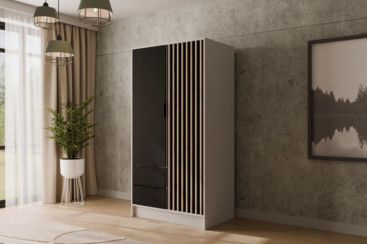 KLEIDERSCHRANK NELIA - 120 cm - Schwarz/Weiß, Holzwerkstoff (102/200/51cm) - ALTDECOR