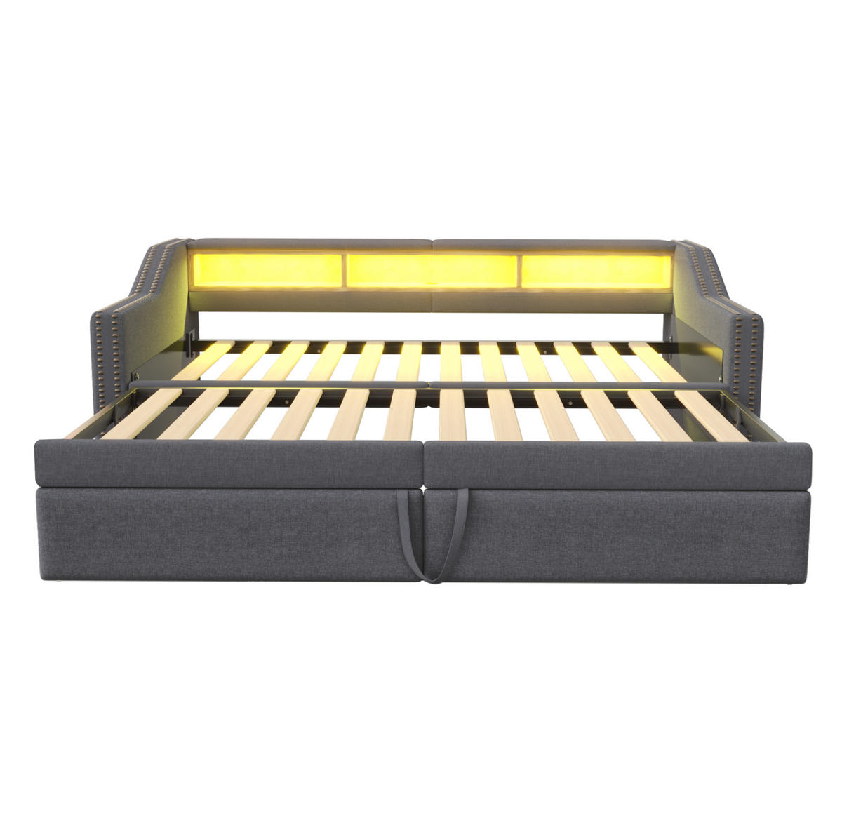 POLSTERBETT 90/200 cm ausziehbar mit LED, USB, Ablagefächern und 2 Federkernmatratzen, Dunkelgrau - Dunkelgrau, Holzwerkstoff (90/200cm) - Redom
