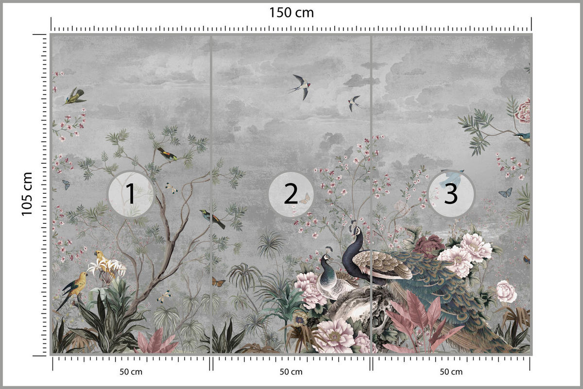 FOTOTAPETE für Büro Pfauen Vögel Pflanzen Bäume Tropische Blumen 150x105 - Multicolor, Papier (150/105cm) - Muralo