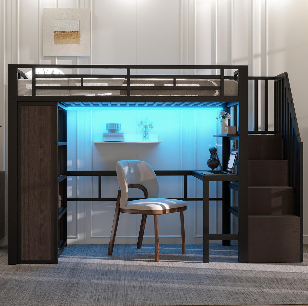 HOCHBETT aus Metall und MDF 90x200 cm Schwarz mit Schreibtisch, LED-Lichtleiste und Stauraumtreppe - Schwarz, Metall (90/200cm) - Modfu