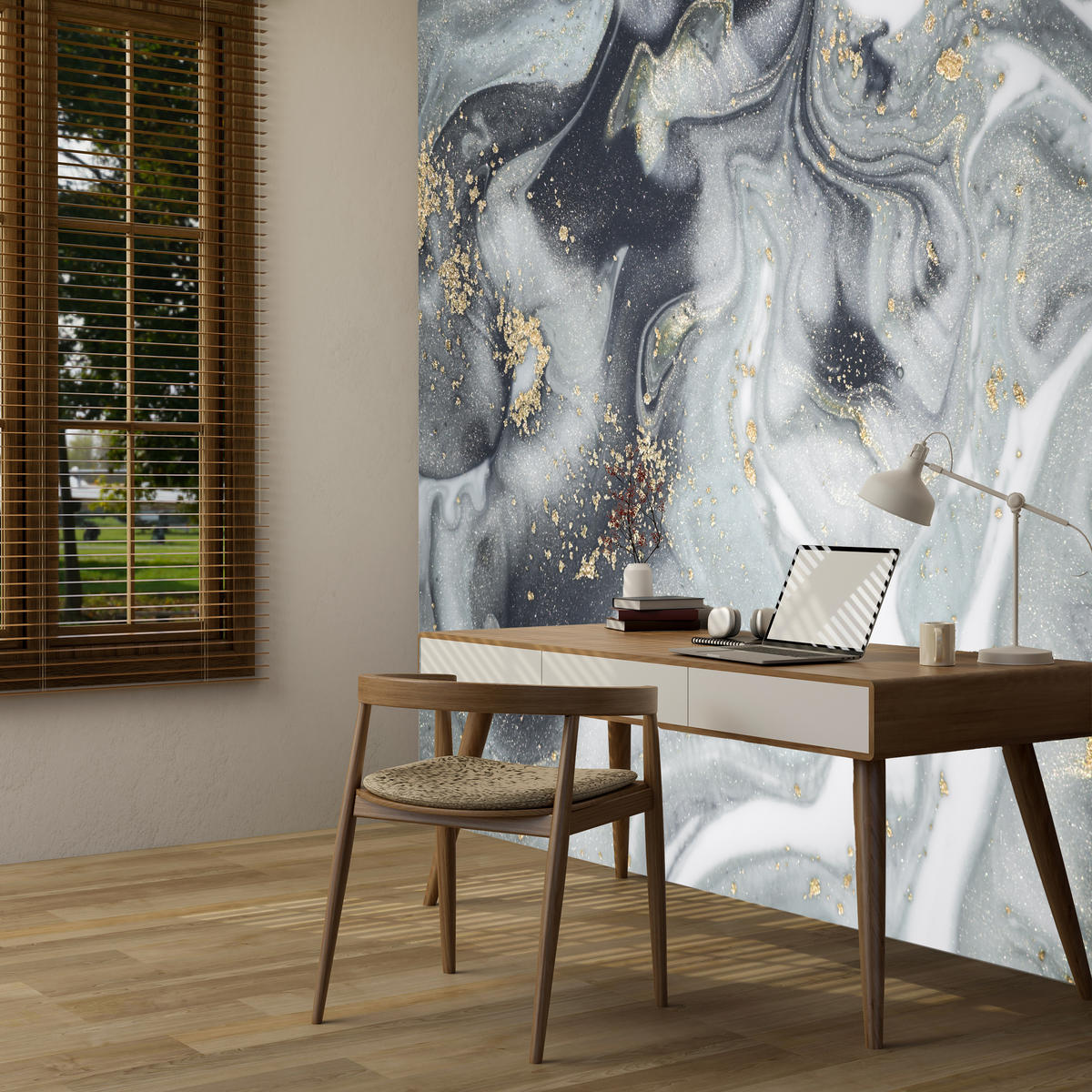 FOTOTAPETE für Badezimmer Luxus Grauer Marmor Muster Goldene Verzierungen 350x256 - Gelb/Weiß, Papier (350/256cm) - Muralo