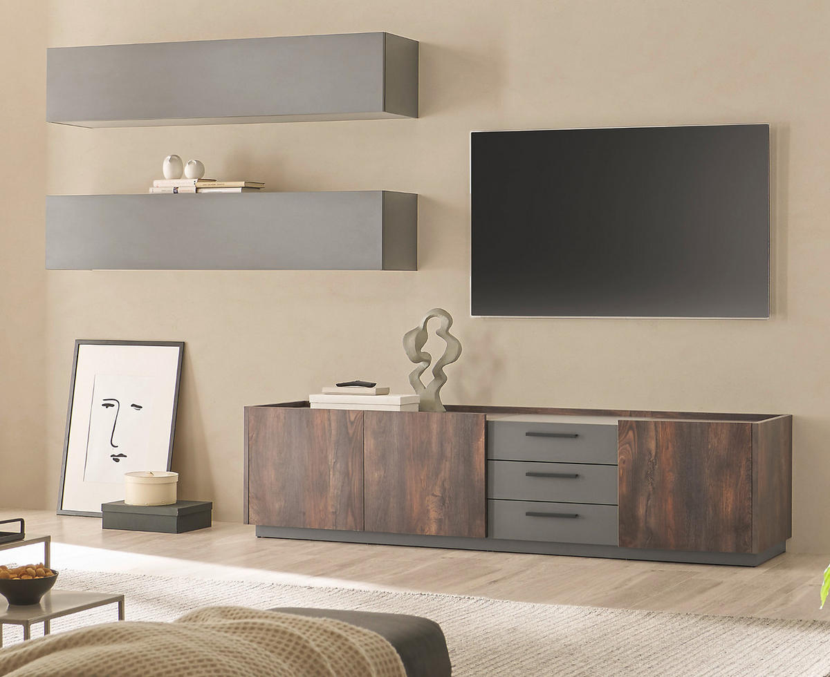WOHNWAND Thermo Eiche, grau, Wohnkombination 3-teilig mit Soft-Close 320 x 180 cm - Eichefarben/Grau, Holzwerkstoff/Metall (320/180/45cm) - Furn.Design
