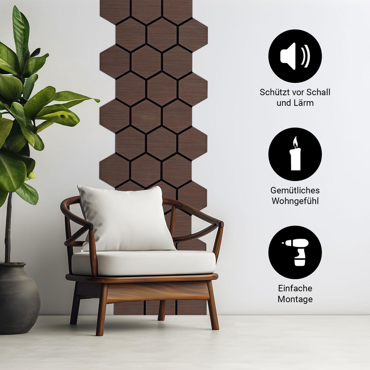 AKUSTIKPANEEL Hexagon Braun 8 Stück - Braun, Holz (62/76/2cm) - Homestyle4u