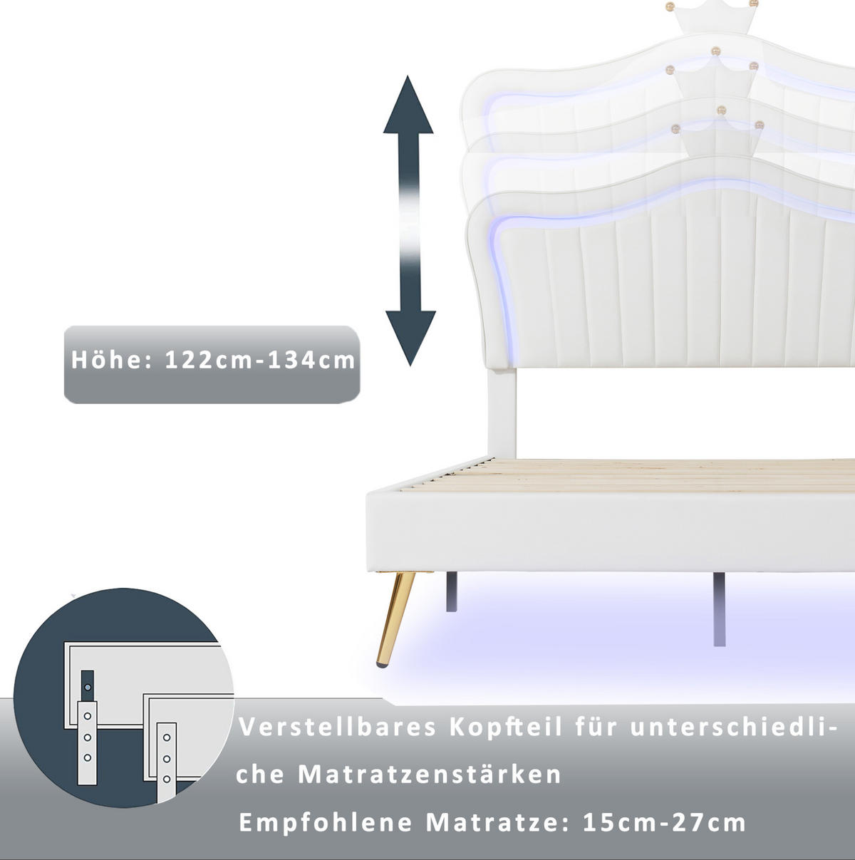 KINDERBETT Polsterbett 90/200 cm aus Kunstleder mit LED-Beleuchtung und Muschel-Kopfteil Weiß - Weiß, Textil (90/200cm) - Modenvie