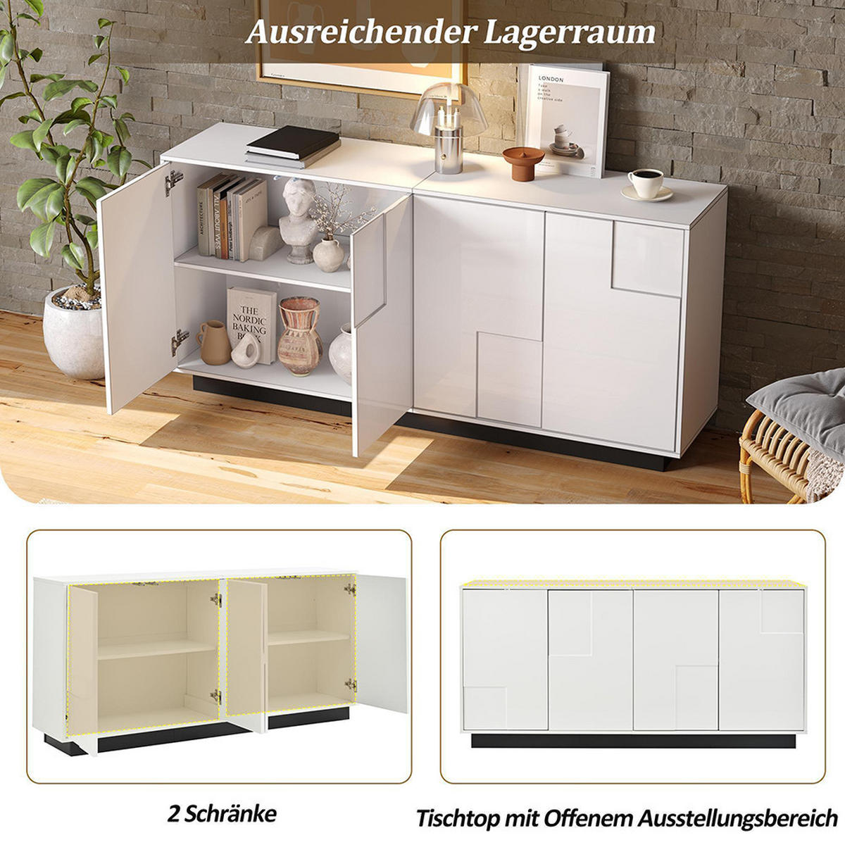 SIDEBOARD 160 x 37 x 75.5 cm mit 4 Türen,Weiß - Weiß, Holzwerkstoff (37/75.5/160cm) - KOMHTOM
