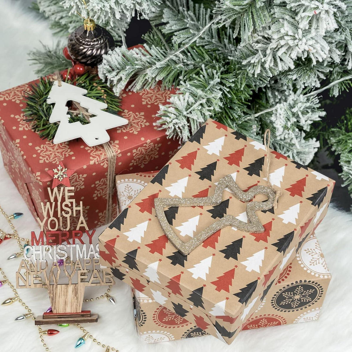 GESCHENKPAPIER 3 Rollen Set mit Juteschnur und Etiketten 43 cm x 3 Meter - Multicolor, Papier (4/44/10cm)