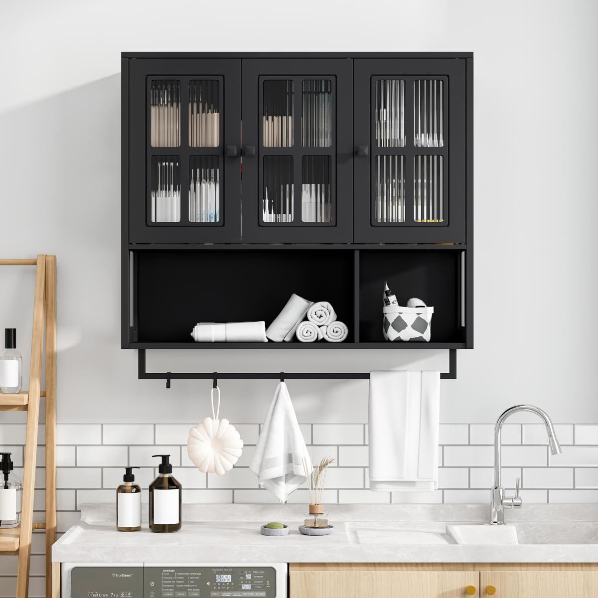 KÜCHENOBERSCHRANK 88x26x82.5 cm in Schwarz aus Sicherheitsglas mit geriffeltem Glas & Handtuchstange - Schwarz, Holzwerkstoff (88/82.5/26cm) - Modfu