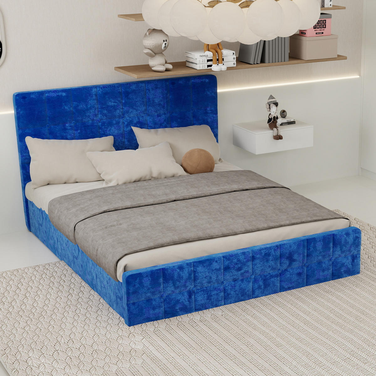 POLSTERBETT 160/200 cm in Blau Samt - Blau, Holzwerkstoff/Textil (160/200cm) - WISHDOR
