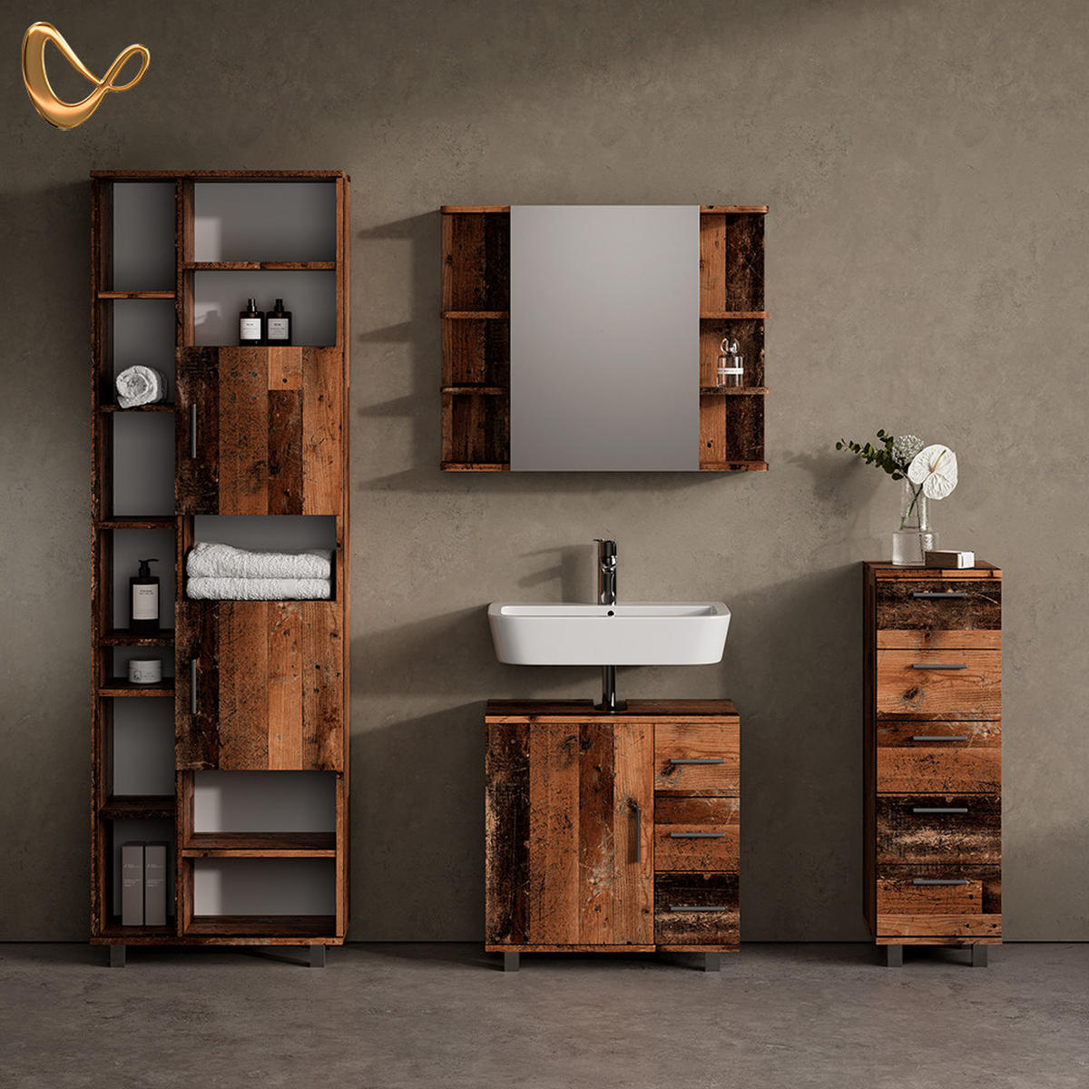 BADMÖBEL-SET Eisak Eiche rustikal 4 Teile - Wildeiche, Holzwerkstoff (60/60/33cm) - Livinity®