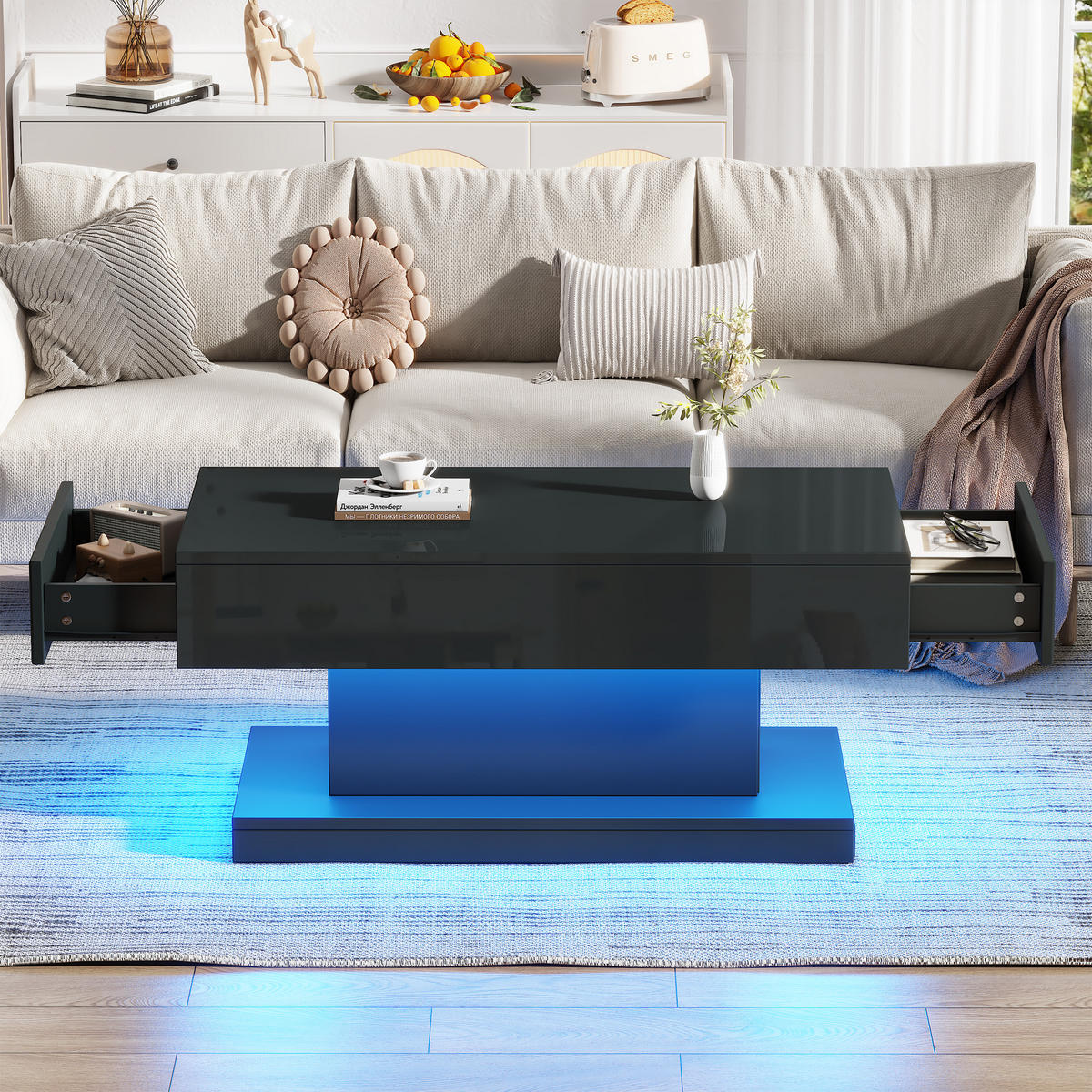 COUCHTISCH in Schwarz Kaffeetisch mit 2 Schubladen und LED-Lichtleiste für Wohnzimmer, B100/T50/H45cm - Schwarz, Holzwerkstoff (50/100/45cm) - STILVORA