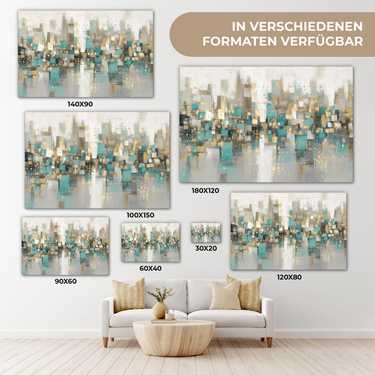 LEINWANDBILD Abstrakt - Blöcke - Gold - Skyline Wohnzimmer Groß 120x80 cm - Beige, Textil (120/80cm) - MuchoWow