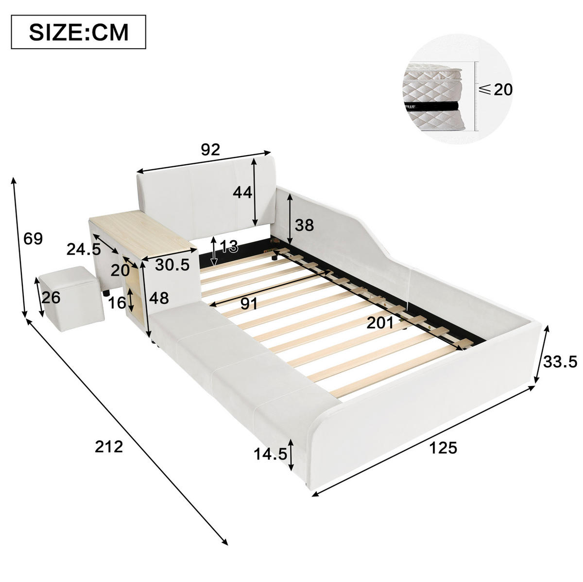 POLSTERBETT 90/200 cm Weiß aus Samt mit Schreibtisch und Hocker - Weiß, Textil (90/200cm) - OKMYHOME