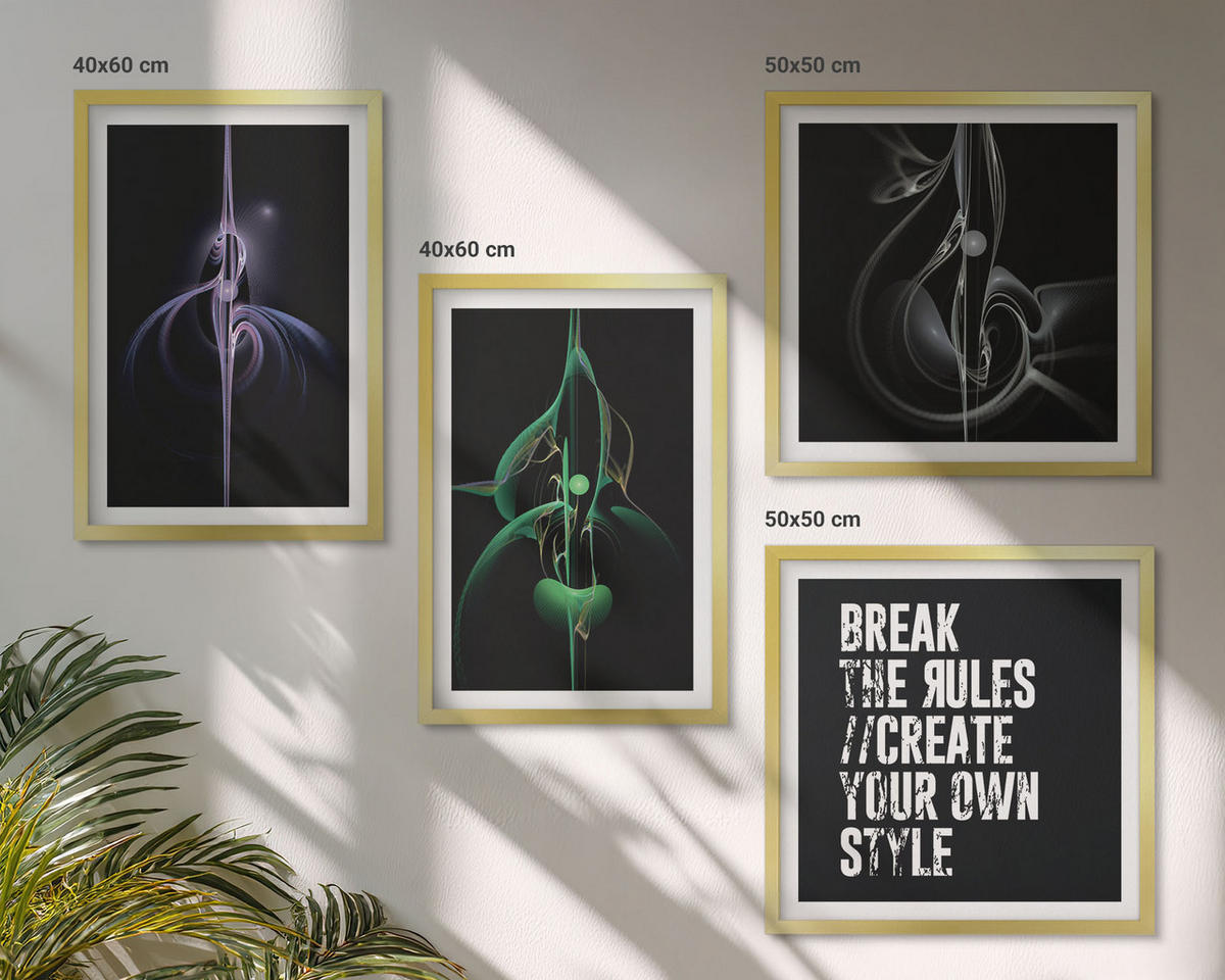 BILDER SET 4er Set - 50x50 cm & 40x60 cm Goldrahmen - Abstrakte schwarze Muster - Goldfarben, Kunststoff (50/50cm) - TULUP