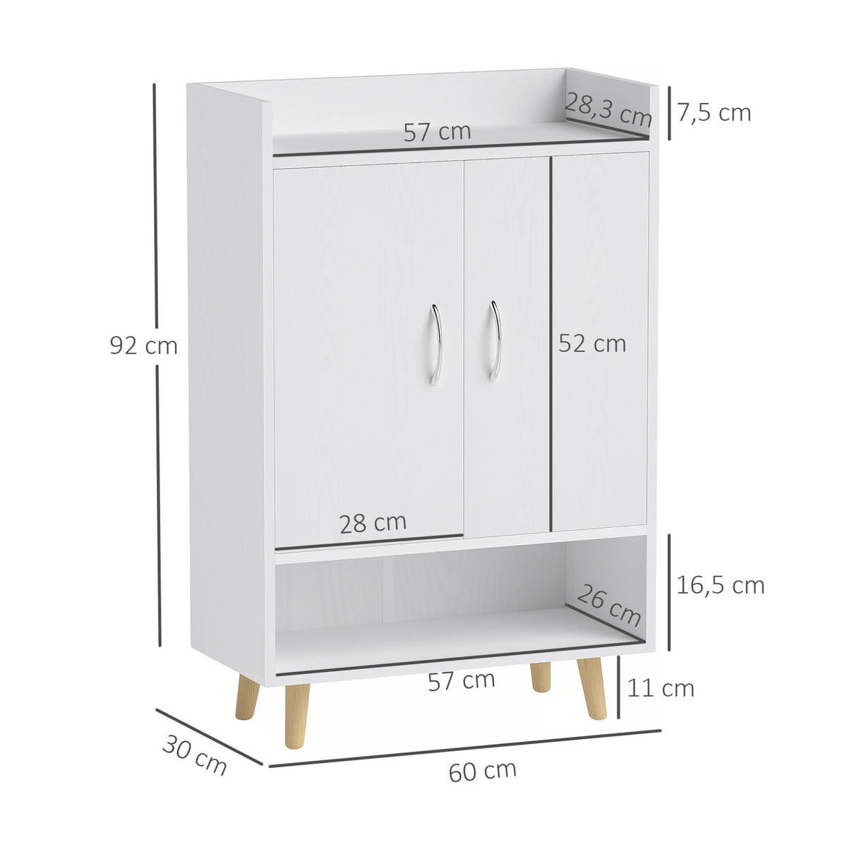 SCHUHSCHRANK 60/30/92 cm in Weiß mit Türen und 3 Innenböden - Weiß, Holz (60/92/30cm) - BEAOK